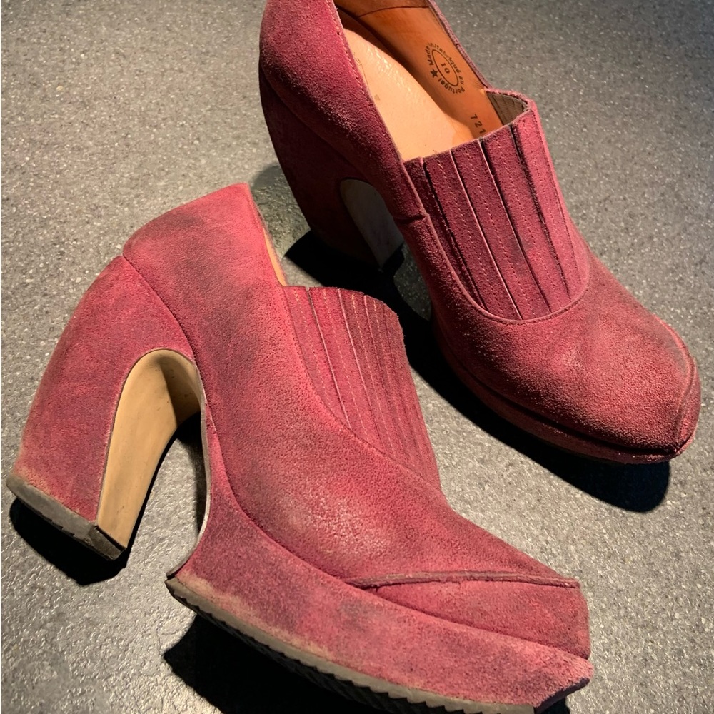 John Fluevog Red Platform Shoes with Chunky Heel